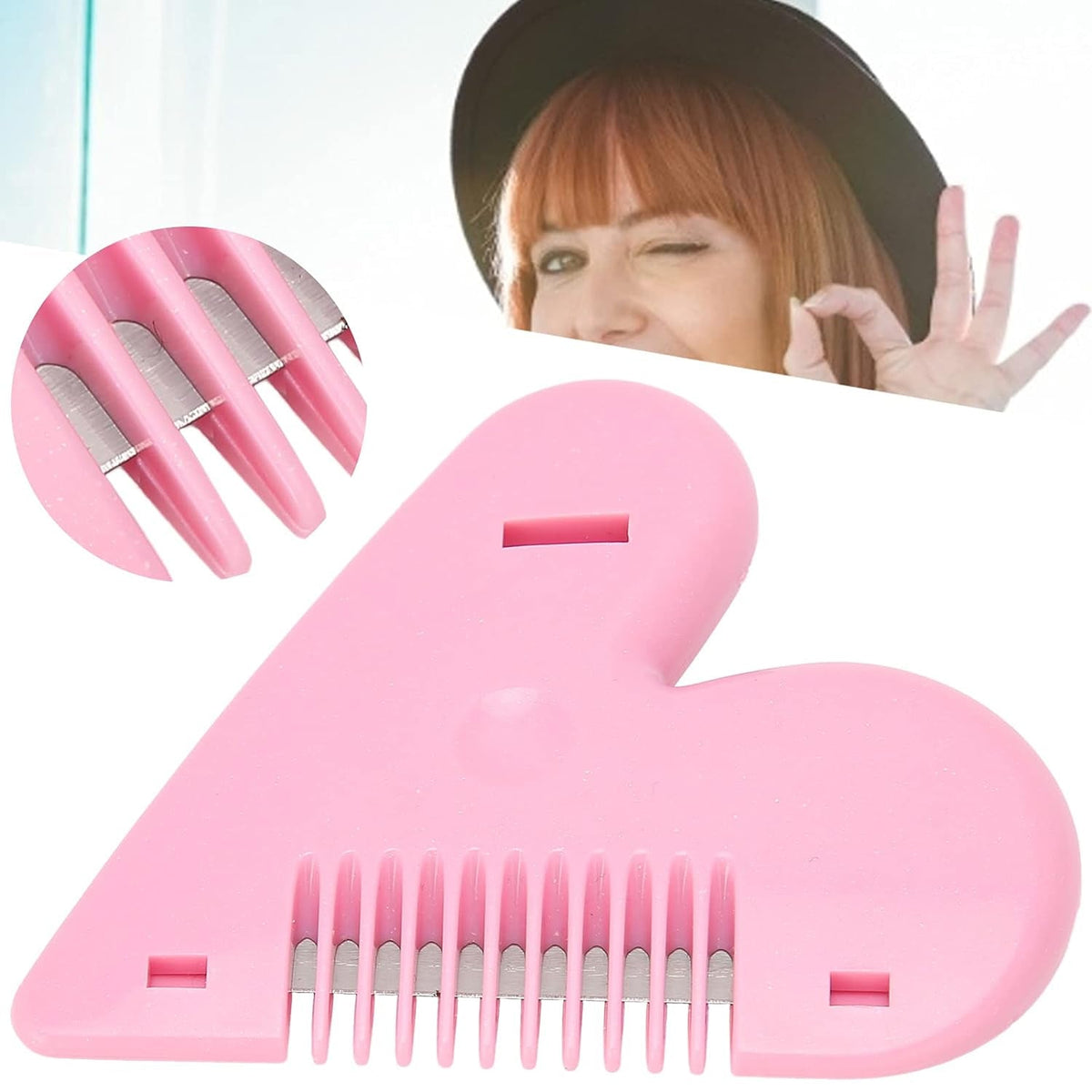 A pink heart-shaped hair thinning razor comb with a woman winking and making an 'OK' sign in the background.