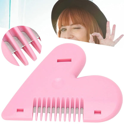 A pink heart-shaped hair thinning razor comb with a woman winking and making an 'OK' sign in the background.