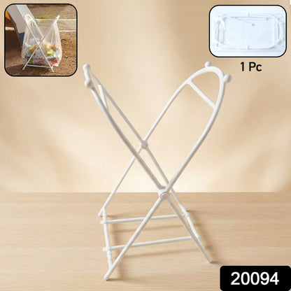 White plastic garbage bag holder on a wooden surface, with an inset showing it folded flat.