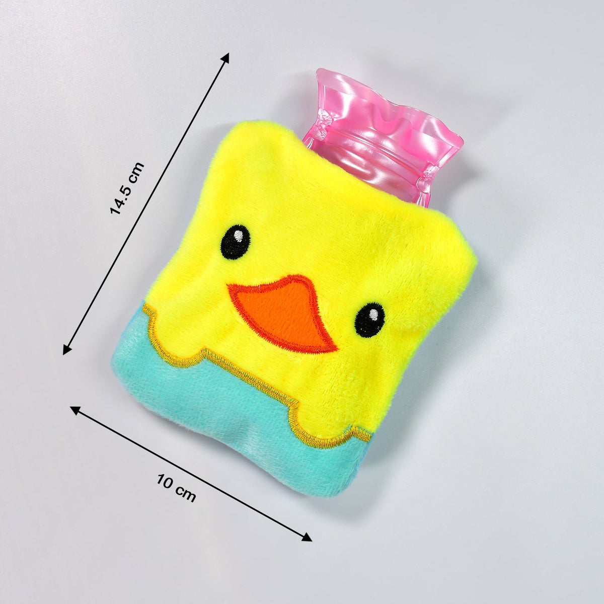 The yellow duck hot water bag is displayed with dimensions of 14.5 cm by 10 cm.