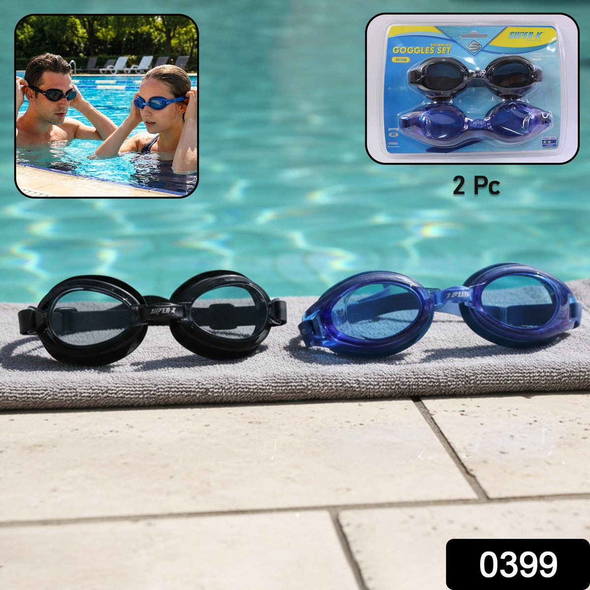 Two pairs of swimming goggles, one black and one blue, on a grey towel by a pool, with insets of people wearing them and the