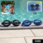 Two pairs of swimming goggles, one black and one blue, on a grey towel by a pool, with insets of people wearing them and the