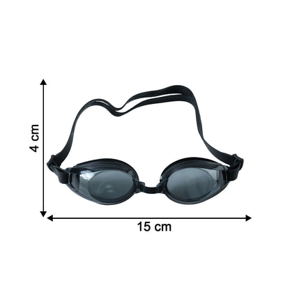 Black swimming goggles with clear lenses and an adjustable strap are shown with dimensions on a white background.