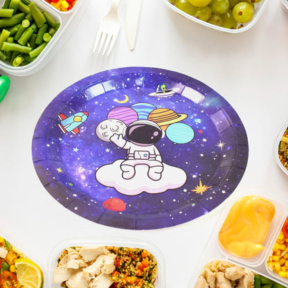 A single purple paper plate with an astronaut and planets design, surrounded by various meal prep containers.