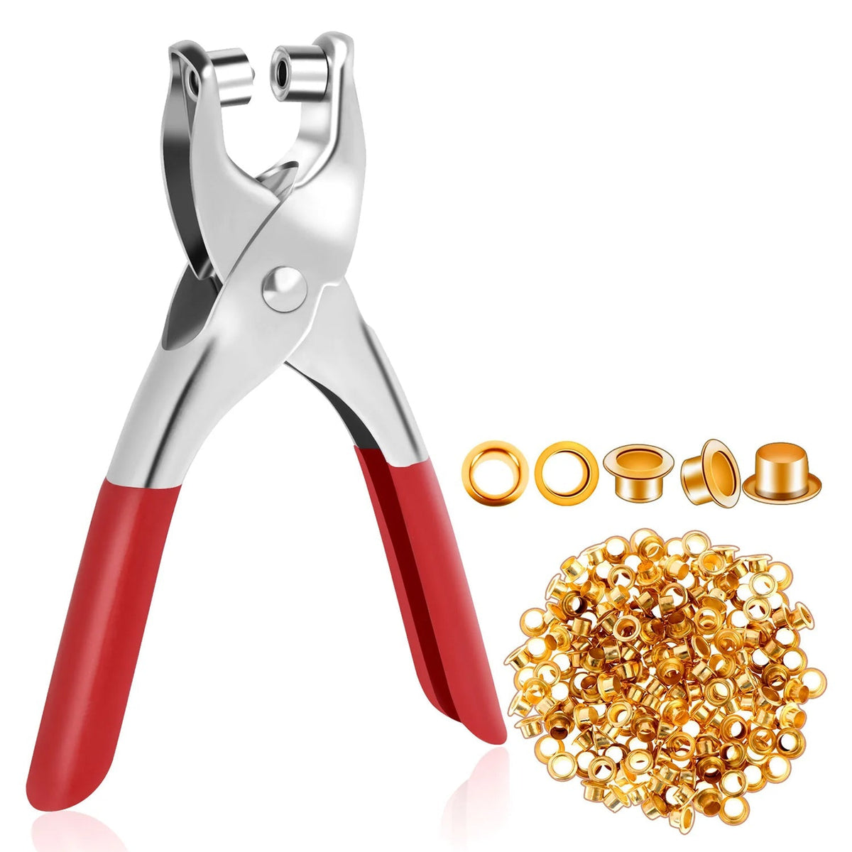 Red-handled grommet pliers with a large pile of gold eyelets and four individual eyelets on a white background.