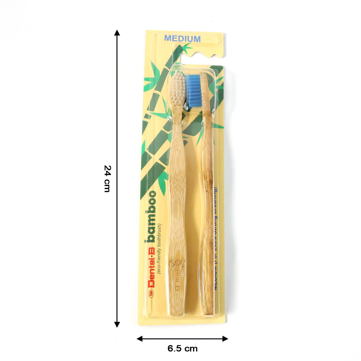 A twin pack of bamboo toothbrushes with blue and beige bristles, showing dimensions of 24 cm and 6.5 cm.