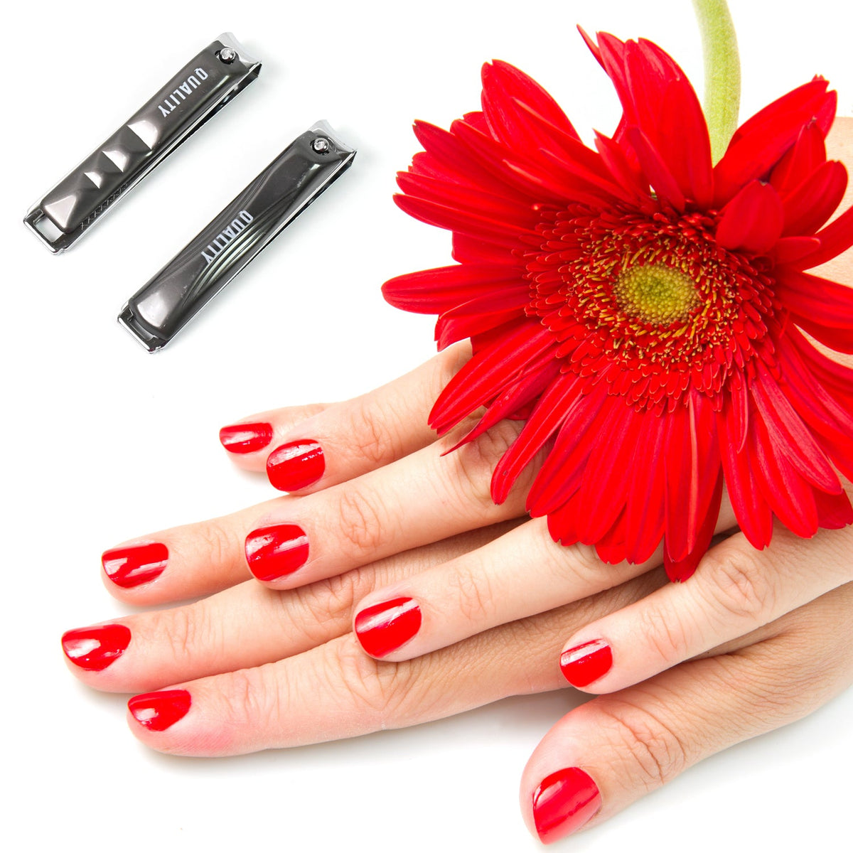 Two black and silver nail clippers in the top left, with a hand displaying red painted nails and a red flower.
