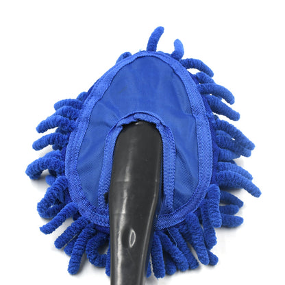 Close-up of the blue microfiber duster's back with a black handle on a white background.