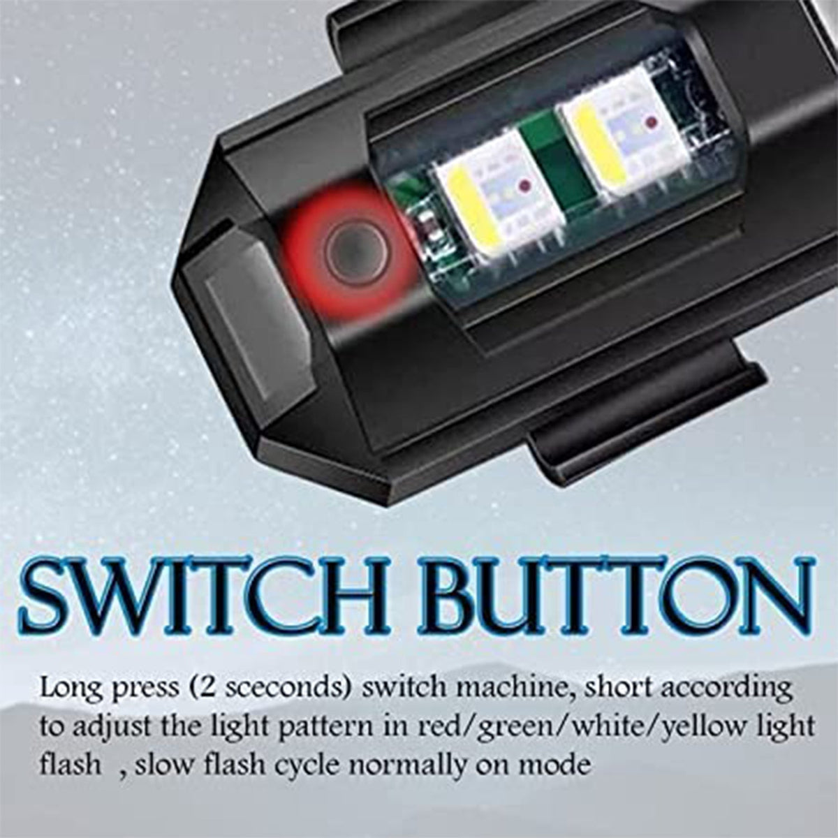 Close-up of the black LED strobe light, highlighting the switch button with text explaining its functions.