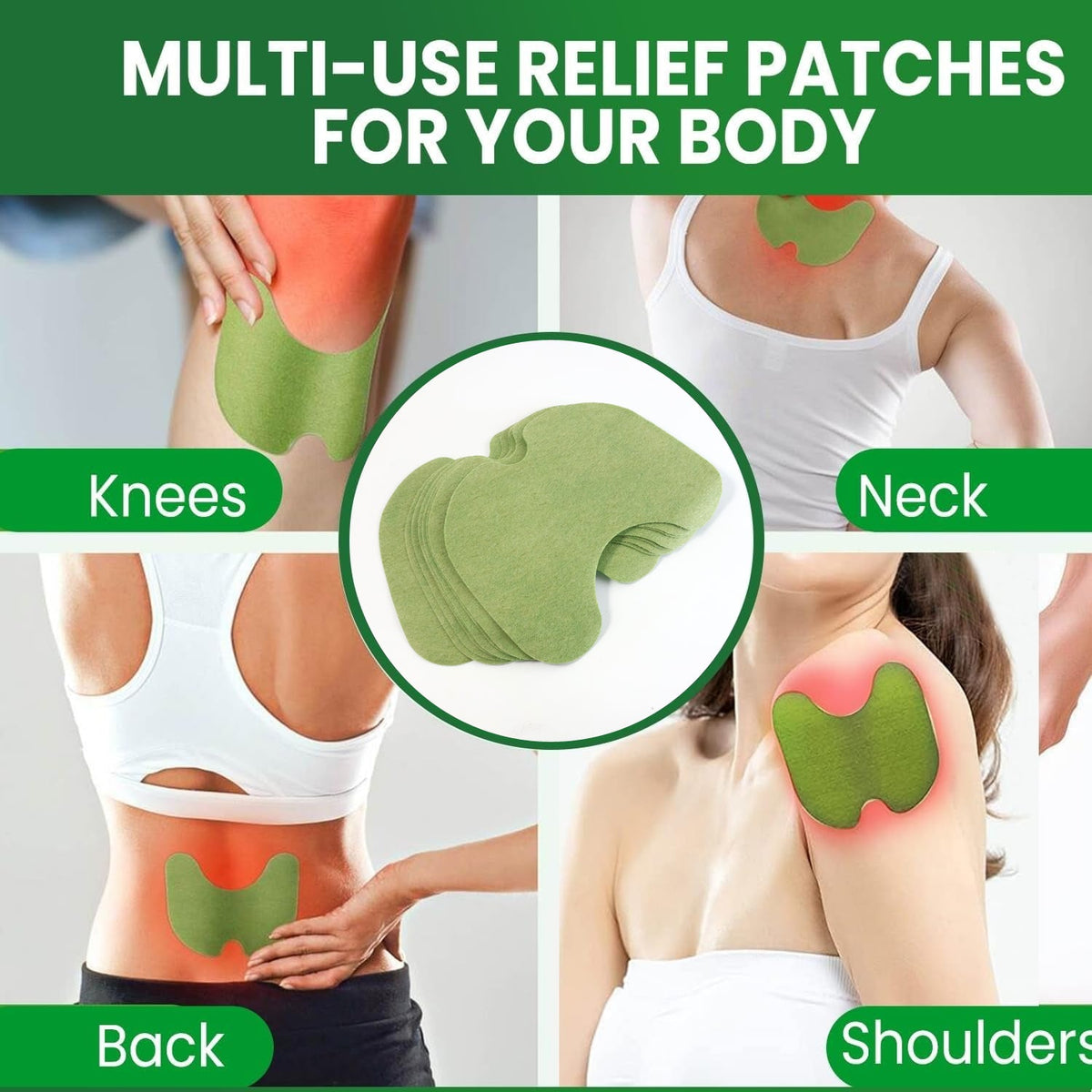 A collage shows green patches applied to knees, neck, back, and shoulders, highlighting multi-use relief.