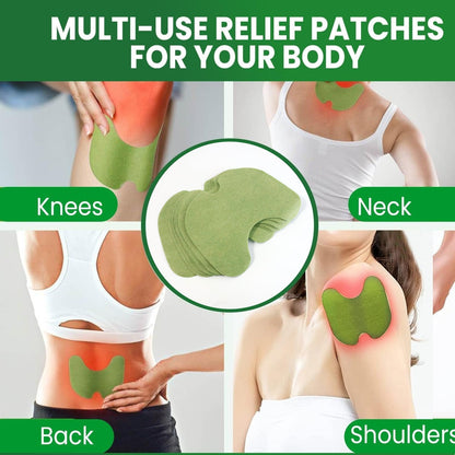 A collage shows green patches applied to knees, neck, back, and shoulders, highlighting multi-use relief.