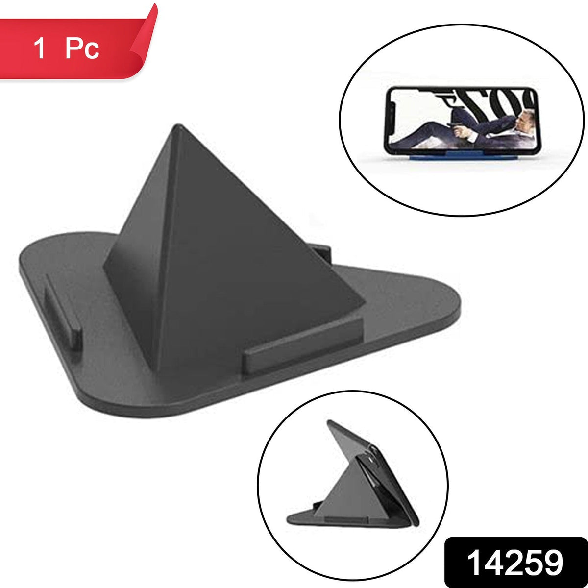 A black pyramid mobile stand with two circular insets showing a phone and tablet in use
