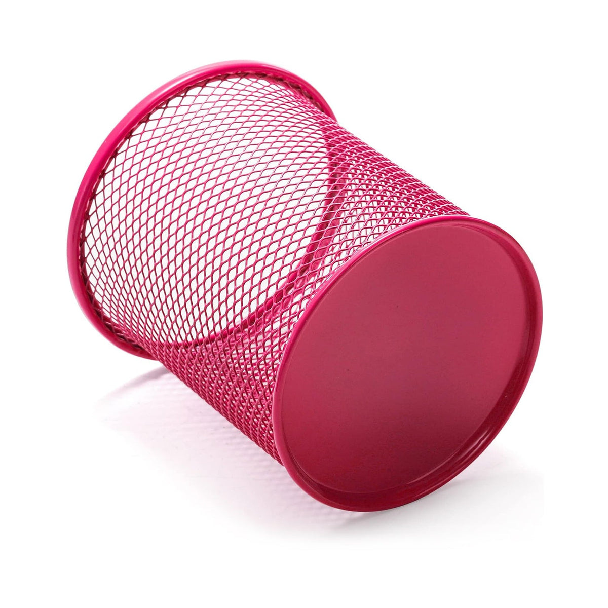 A pink metal mesh pen holder is tilted on its side on a clean white background.