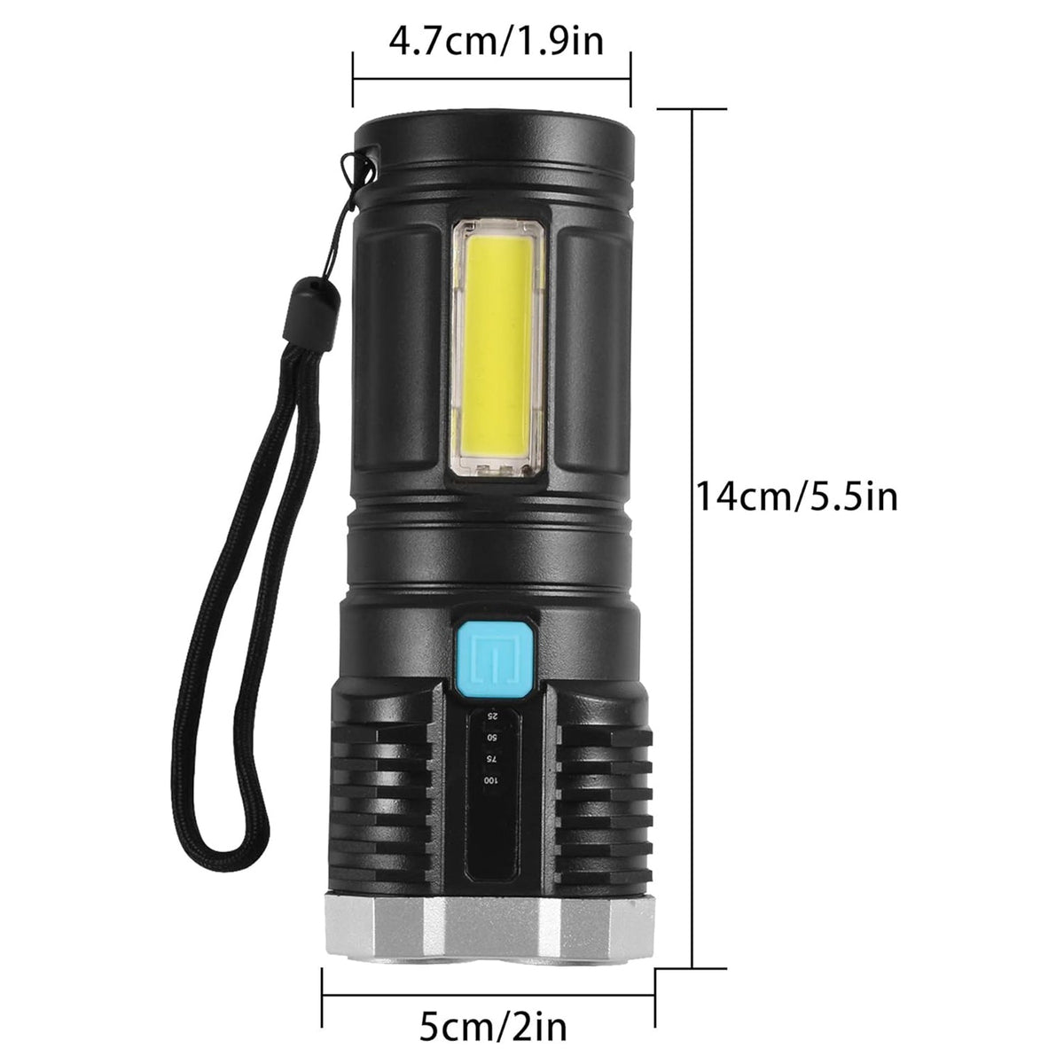 Black and silver flashlight with a wrist strap, showing its dimensions: 14cm length, 4.7cm top width, and 5cm bottom width.