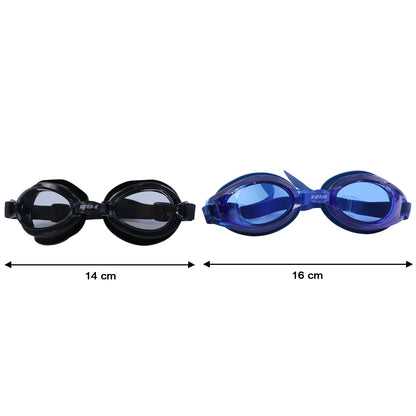 A blue pair of swimming goggles with water droplets on the lenses, resting on blue tiled ground next to a swimming pool.