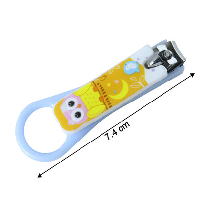 A light blue baby nail clipper with a yellow owl design, showing a measurement of 7.4 cm in length.
