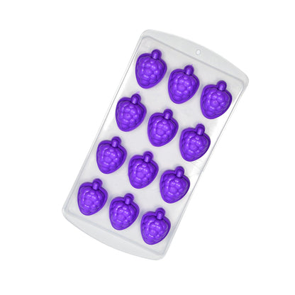 A purple silicone fruit-shaped ice cube tray with twelve molds, angled on a plain white background.
