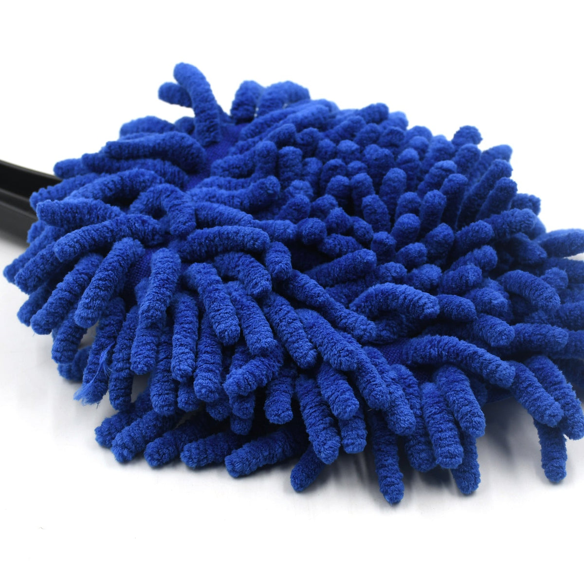 Close-up of the blue microfiber bristles of the duster on a white background.