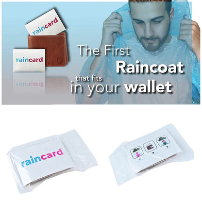 Promotional image showing a 'raincard' in a wallet and a man putting on a blue poncho, with text 'The First Raincoat that
