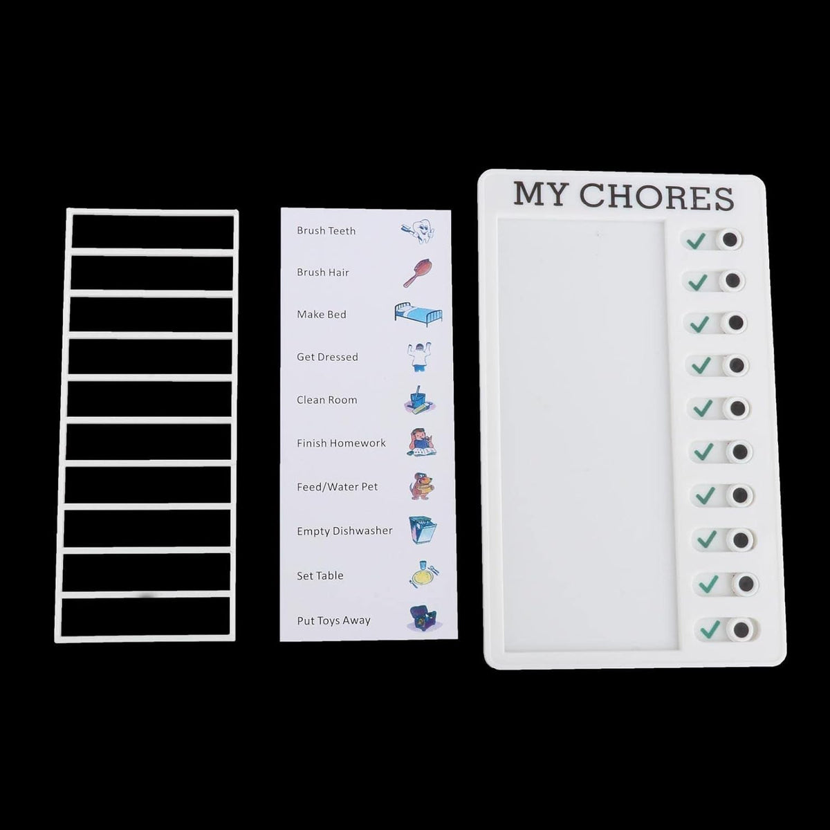 A white plastic frame, a sheet of chore icons, and the 'MY CHORES' board with green checkmarks, all on a black background.