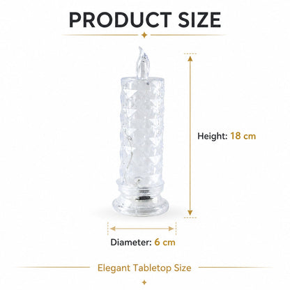A clear faceted crystal LED candle light with its dimensions, 18 cm height and 6 cm diameter, displayed.