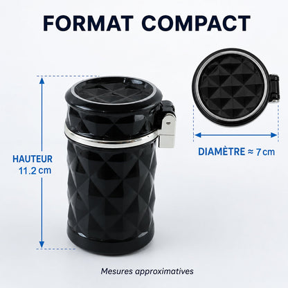 A black car cup holder ashtray with dimensions indicating a height of 11.2 cm and a diameter of approximately 7 cm.
