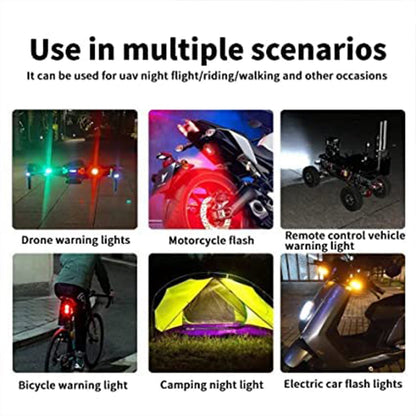 Six small images showing the strobe light used in various scenarios: drone, motorcycle, remote vehicle, bicycle, camping,