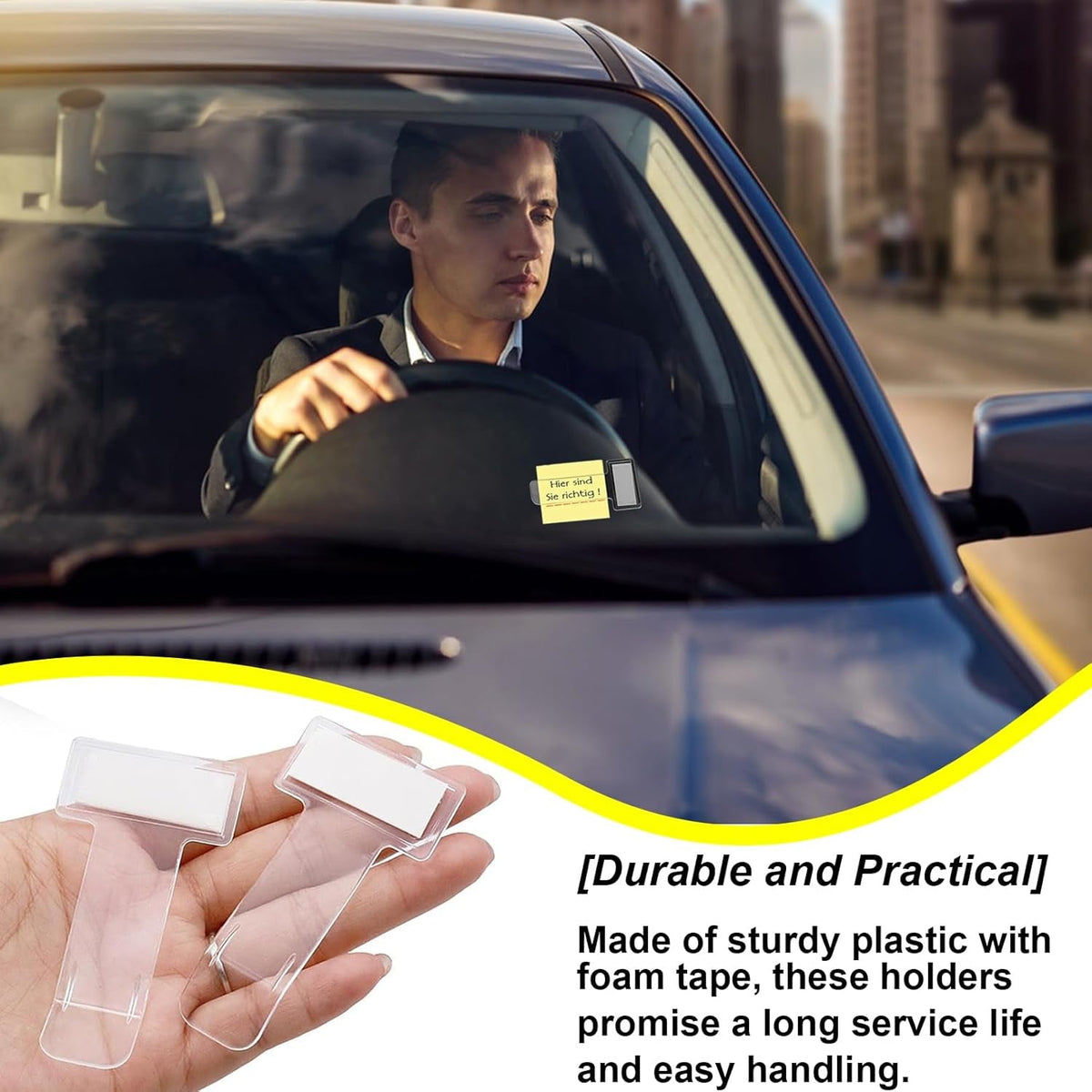Parking ticket holder clip mounted on a car windscreen, showing ease of use.
