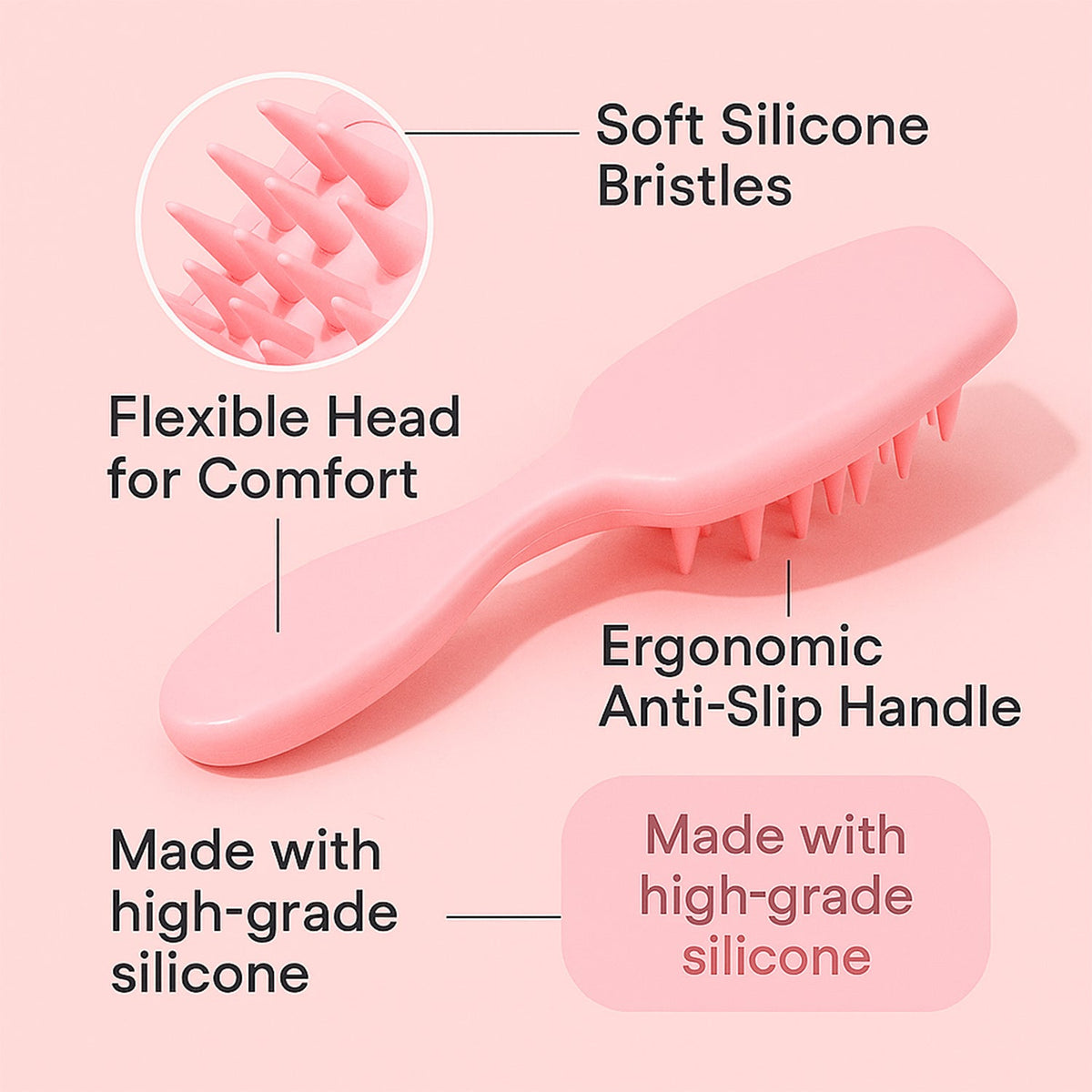 A pink silicone scalp massager brush with text highlighting its features like soft bristles and flexible head.
