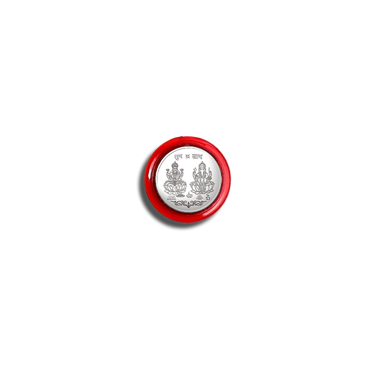 A single silver coin featuring Lakshmi and Ganesha in a red protective case, centered on a white background.