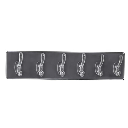 A clear plastic 6-hook adhesive wall rail is centered against a solid dark gray background.