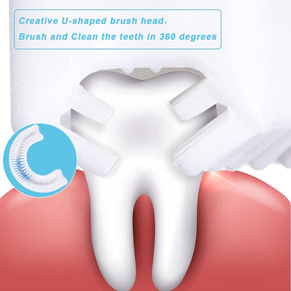 A close-up diagram of a tooth being cleaned by a U-shaped brush, highlighting 360-degree cleaning.