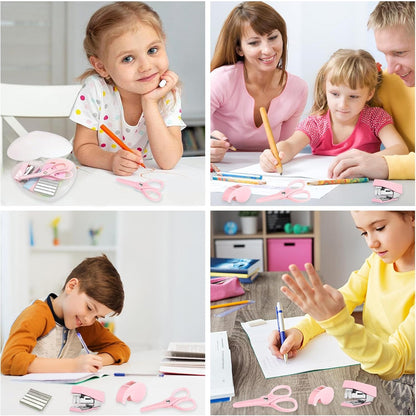A four-panel collage showing children and adults using the pink mini stationery set for various activities like drawing and