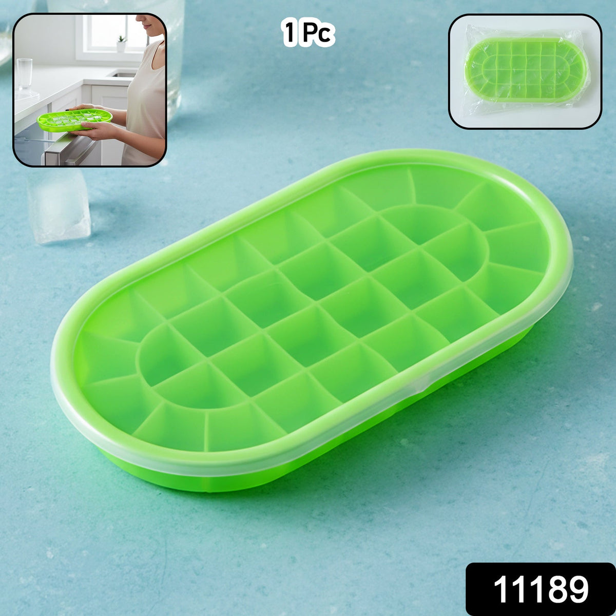 A green oval silicone ice cube tray with a clear lid, shown on a blue surface with ice cubes and a glass.