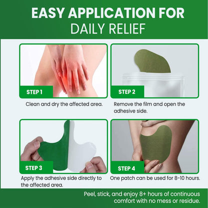 A four-step guide demonstrates how to apply the green relief patch to the knee for daily relief.