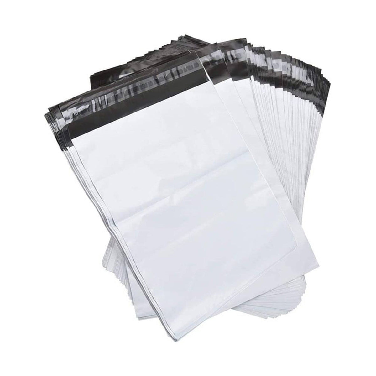 A fanned-out stack of white poly mailer bags with black seals, viewed from an angle on a white background.