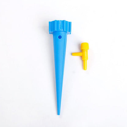 A single blue watering spike and a separate yellow regulating valve on a white background.