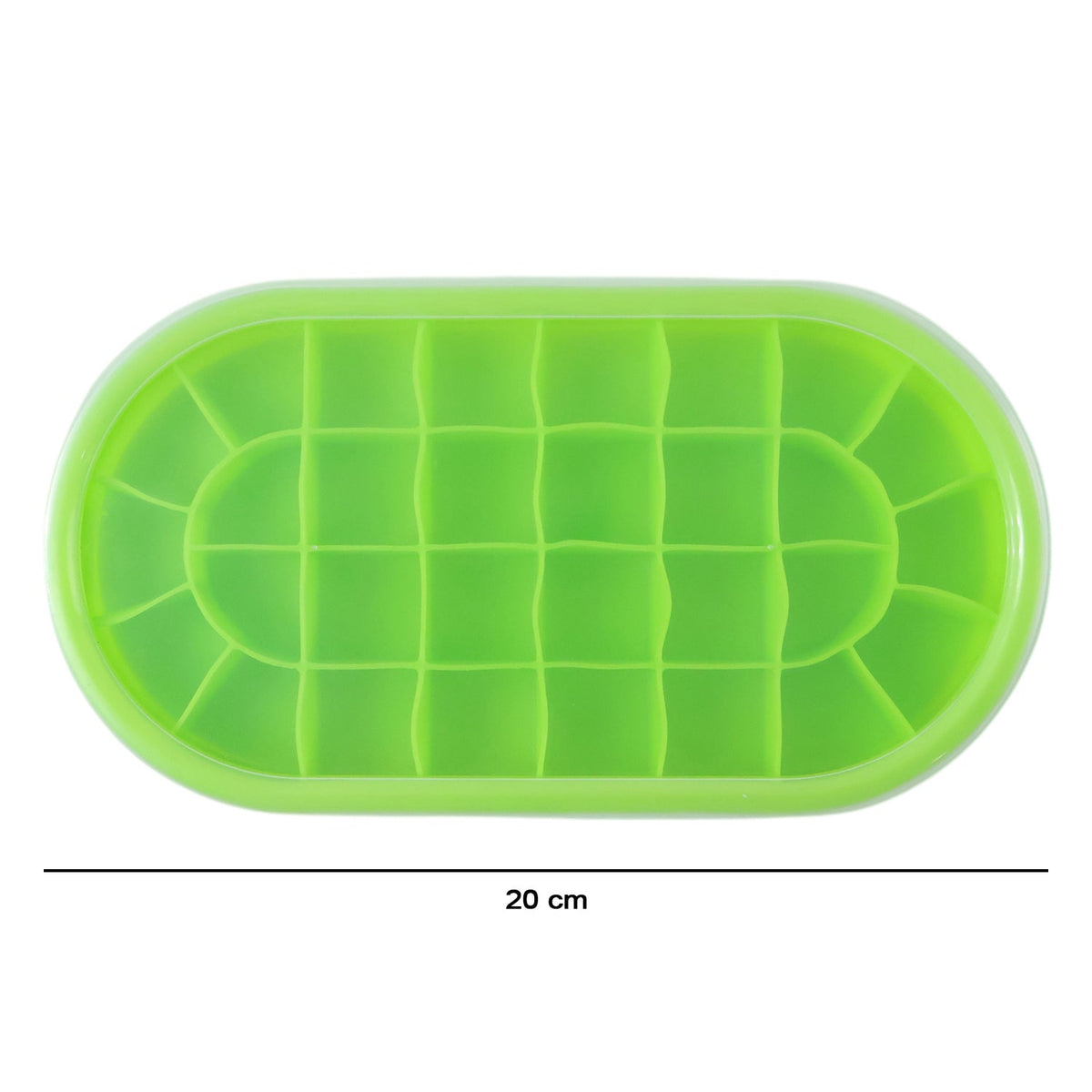 Top-down view of a green oval silicone ice cube tray with a clear lid, showing a 20 cm length measurement.