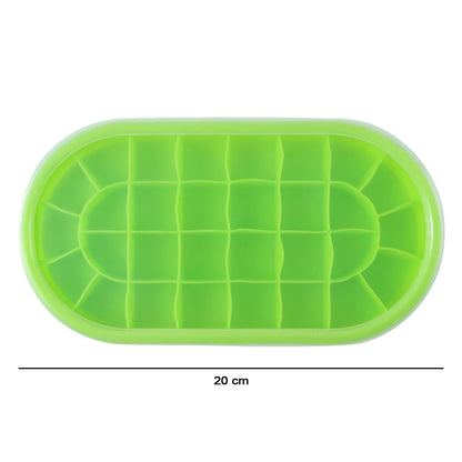 Top-down view of a green oval silicone ice cube tray with a clear lid, showing a 20 cm length measurement.