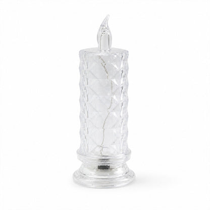 A clear faceted crystal LED candle light, unlit, on a plain white background.