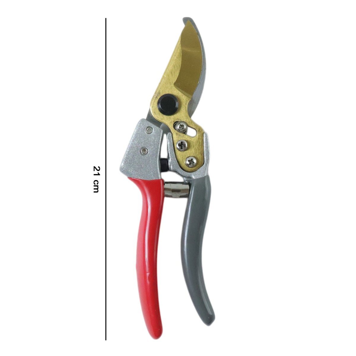 Red and grey garden shears with gold blades against a white background, with a vertical line indicating a length of 21 cm.
