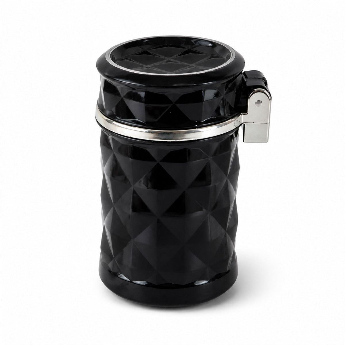 A black car cup holder ashtray with a diamond texture and silver-tone accents on a white background.