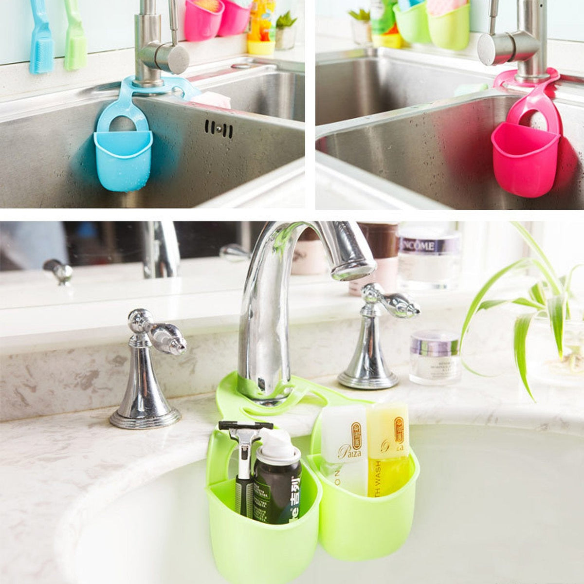 Collage of various colored sink caddies in use, including blue, pink, and green versions.