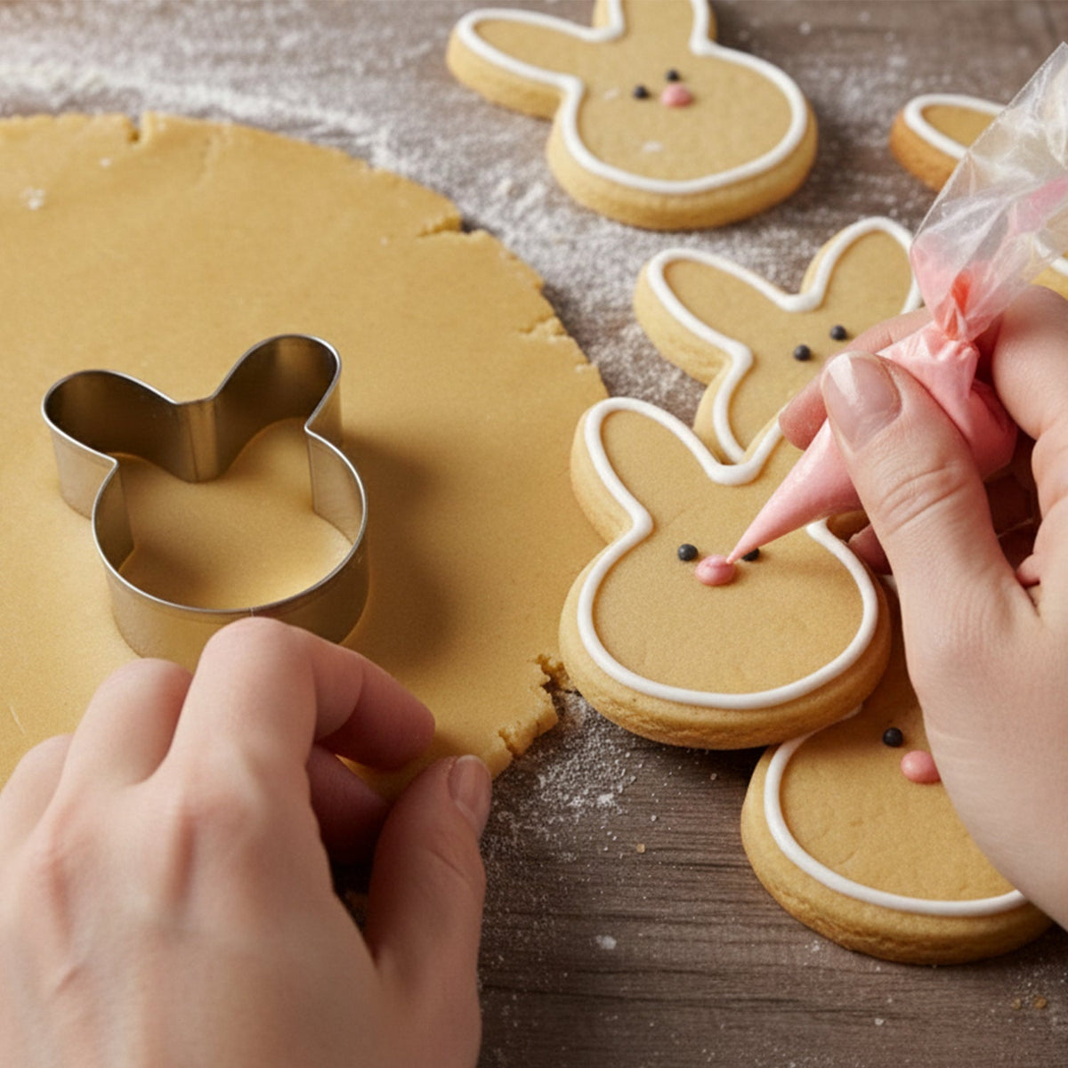 Hands decorating a bunny-shaped cookie with pink icing, next to a bunny cookie cutter and raw dough on a wooden surface.