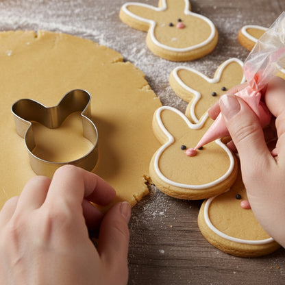 Hands decorating a bunny-shaped cookie with pink icing, next to a bunny cookie cutter and raw dough on a wooden surface.