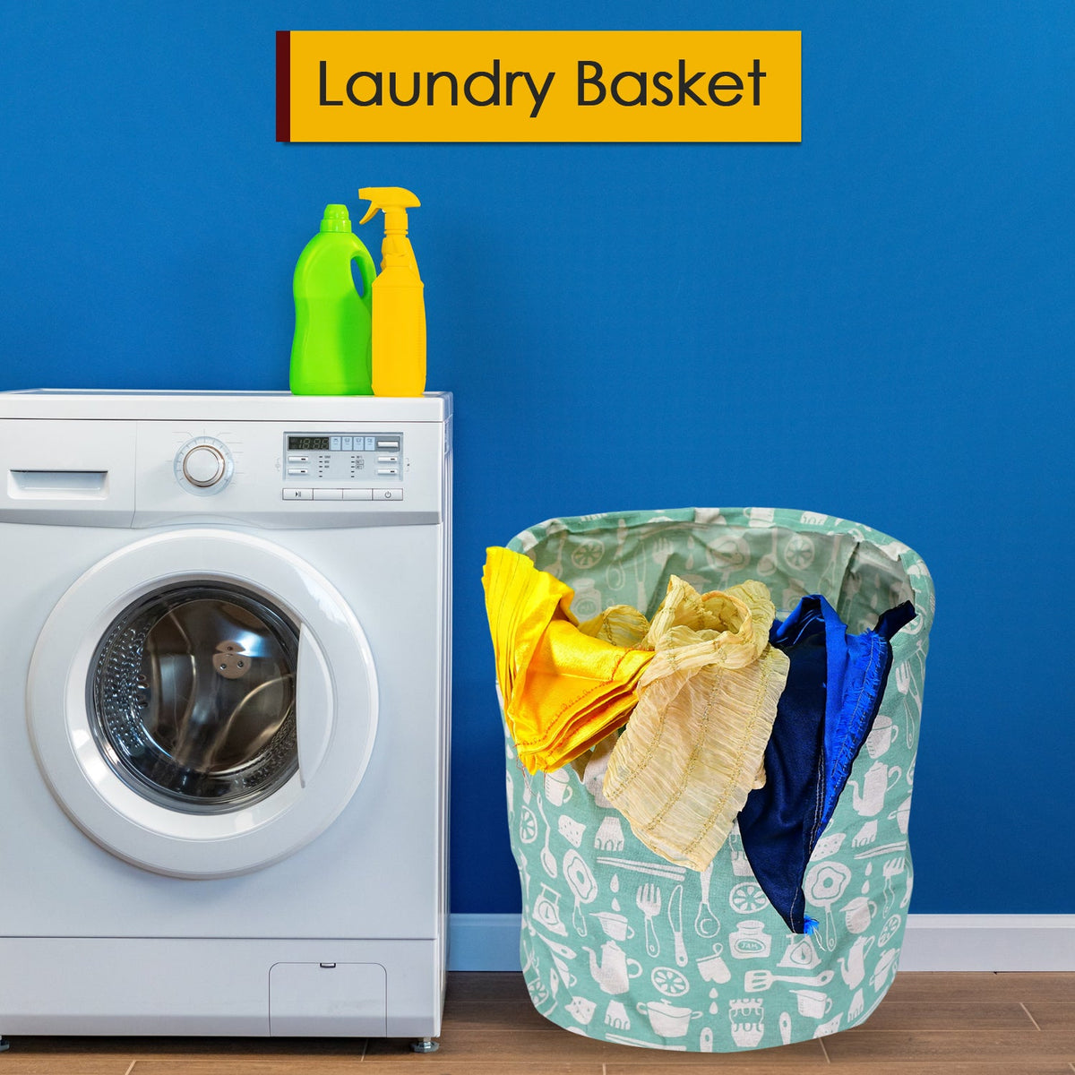 Mint green laundry hamper with kitchen utensil pattern, filled with colorful clothes next to a washing machine.