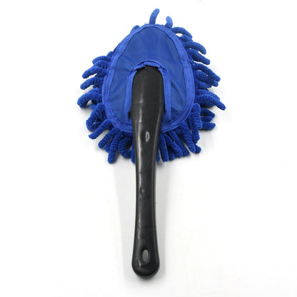 Blue microfiber duster with a black handle shown from the back on a plain white background.