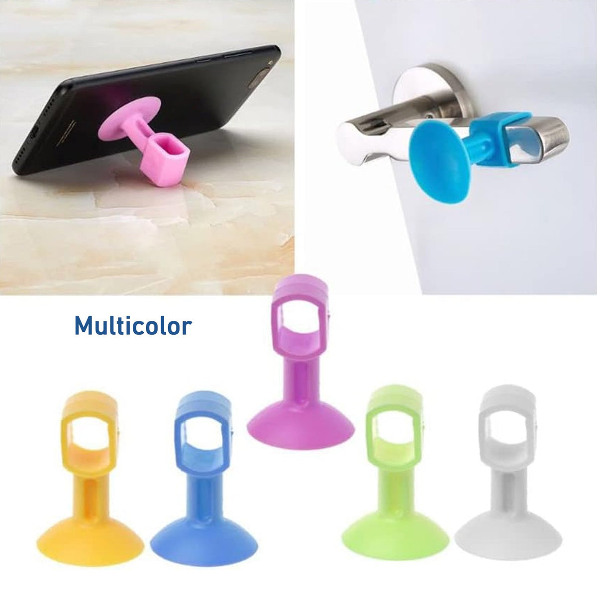 A pink silicone suction cup holds a phone, while others in various colors are shown, and a blue one is on a door handle.