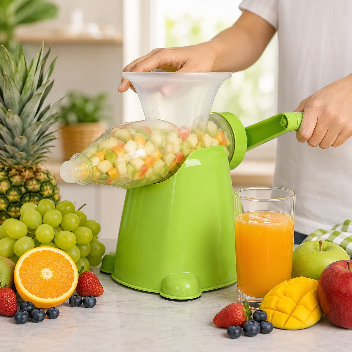 A person operates a green manual juicer filled with chopped fruit, surrounded by fresh produce and a glass of juice.
