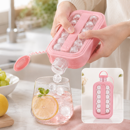 A person dispenses spherical ice cubes from a pink bottle into a glass of pink drink with lemon and mint. Inset shows the